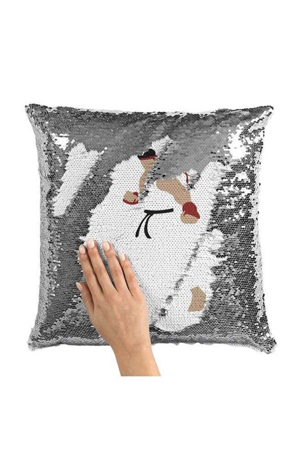 Ryu Street Fighter Sequin Throw Pillow With Stuffing Multicolour 16x16inch