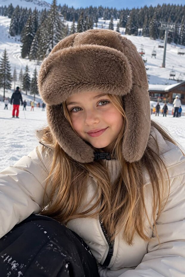 Mink Plush Fur Hat with Earflaps and Snap Fasteners for Girls, Ages 10-18