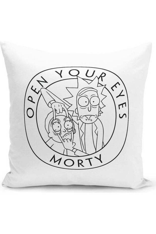 Open You Eyes Funny Cartoon Morty Rick Themed Throw Pillow White/Black 16x16inch