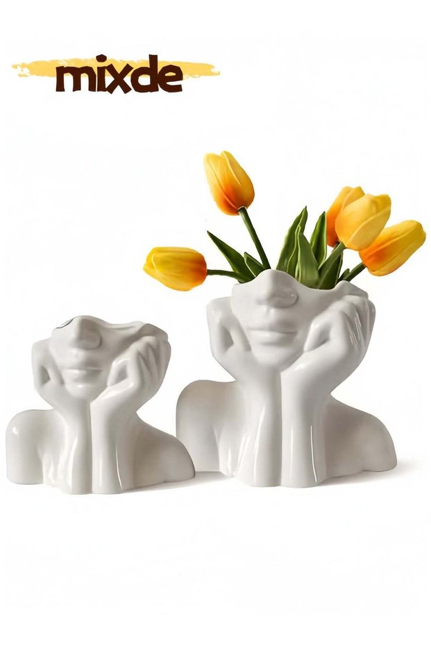 White Ceramic Face Vase Cute Head Vase Nordic Style Modern Vases for Office Dining Table Home Decor