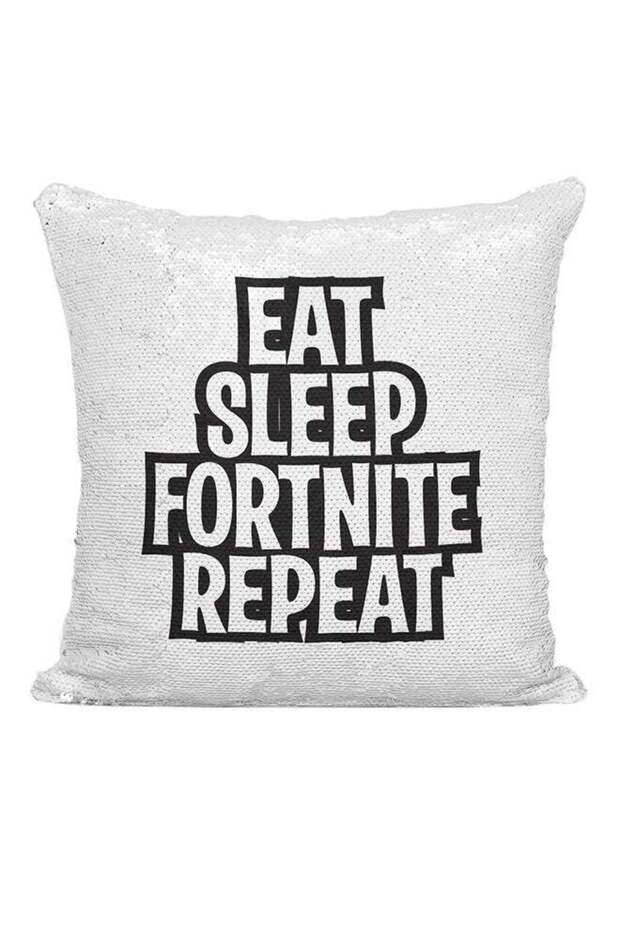 Eat Sleep Fortnite Repeat Sequined Cushion White/Black 16x16inch