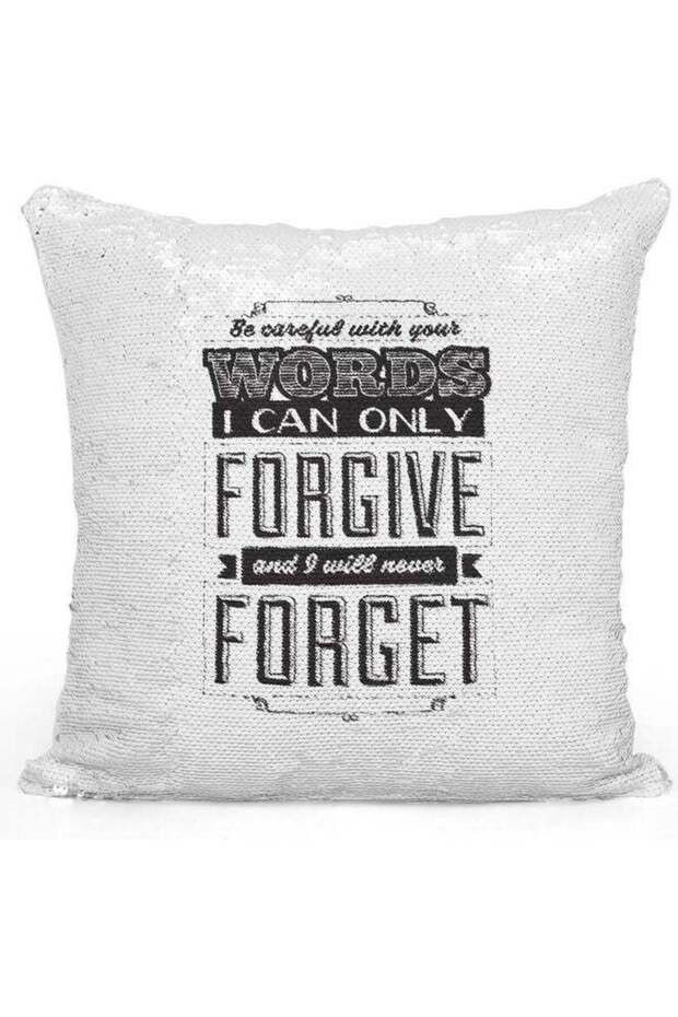 Careful With Words Quote Themed Sequin Decorative Throw Pillow White/Silver/Black 40x40cm