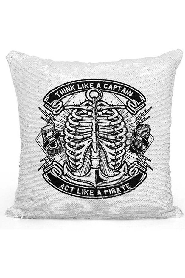 Think Like A Captain Quote Themed Sequin Decorative Throw Pillow White/Black/Silver 40x40cm