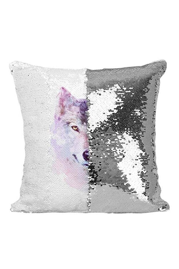 Watercolor Wolf Face Sequined Throw Pillow Silver/White/Blue 16x16inch