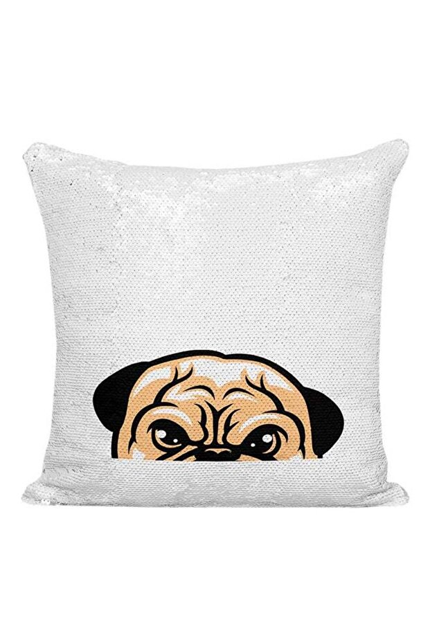 Pug Furry Friend Sequined Decorative Pillow Silver/White/Brown 16x16inch