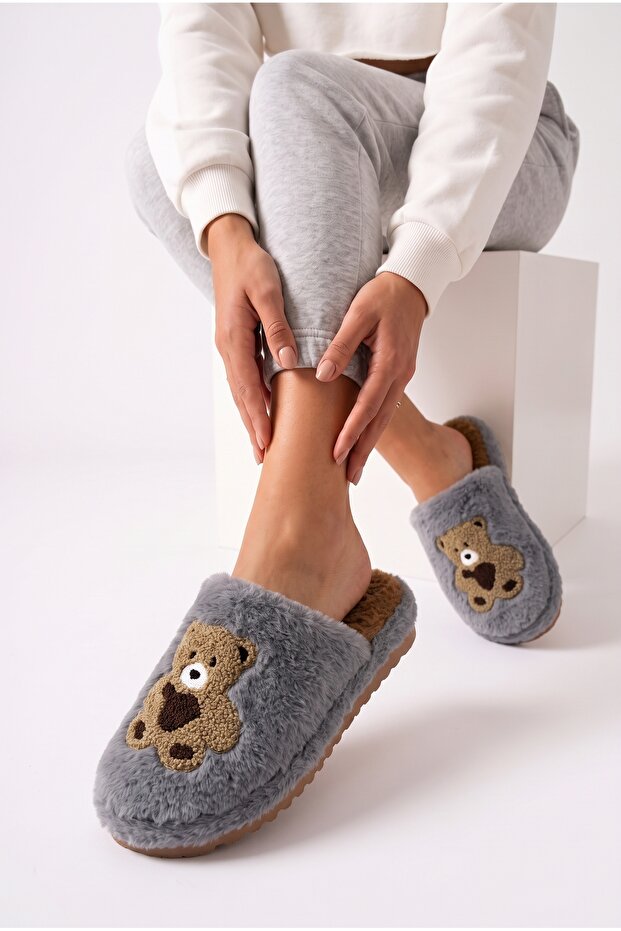 Women's Teddy Bear Embroidered Plush House Slippers Closed Toe Open Back Soft Warm Winter Comfortable Slippers