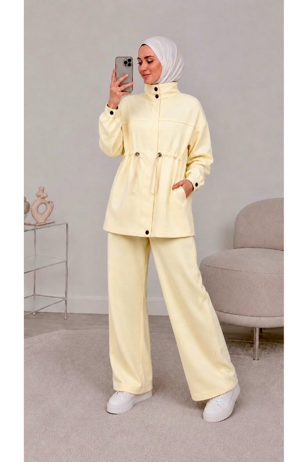 Modest Cotton Two Piece Set Women Clothing Long Jacket and Wide Leg Pants Set