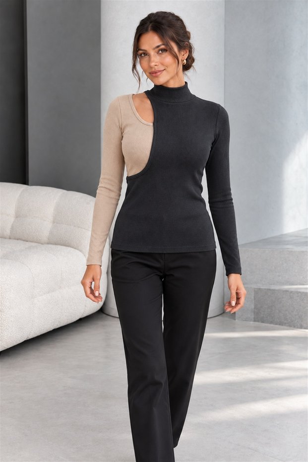 Women's Turtleneck Long Sleeve Asymmetrical Shoulder Cutout Geometric Detailed Camisole Blouse