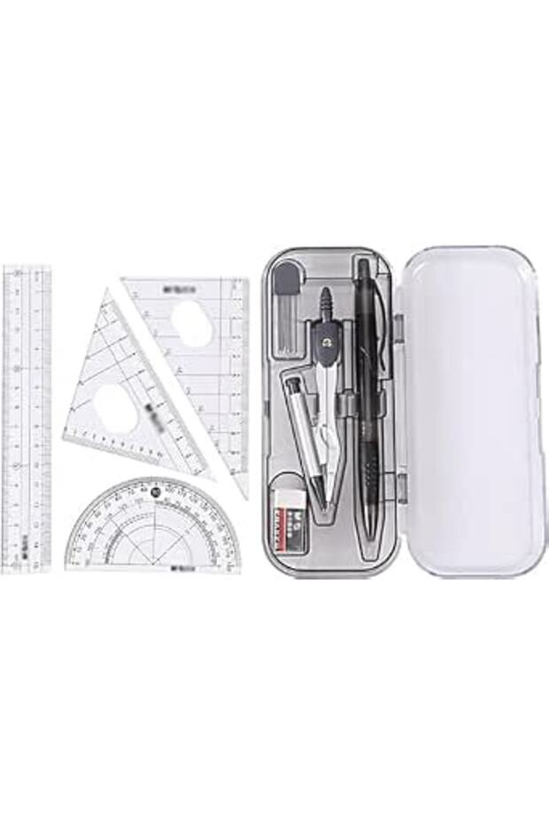 Geometry Kit, Maths Geometry Compass Set, 8 Pcs Plastic Ruler Multi-Function Practical Porta