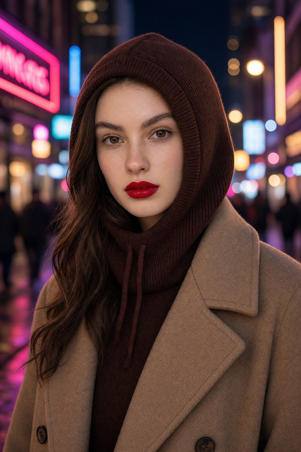 Streetwear Black Soft Textured Knitwear Hooded Balaklava Winter Accessory