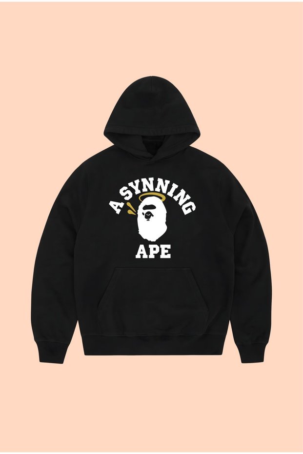 Bape X Syna Printed Unisex Oversize Black Cotton Hooded Printed Sweatshirt Hoodie