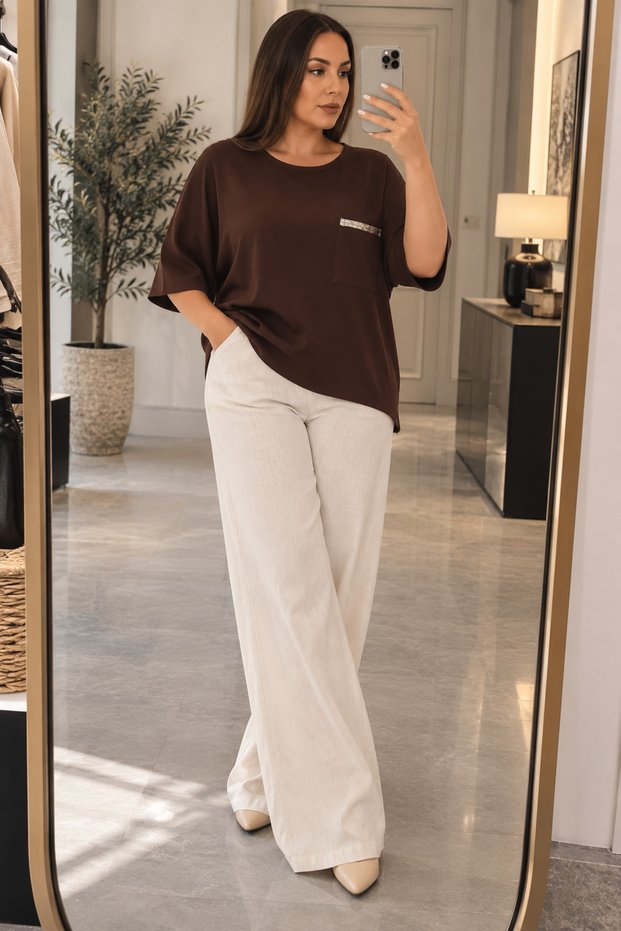 Women's Stone Detailed Pocketed Crew Neck Half Sleeve Comfortable Fit Knitwear Sweater