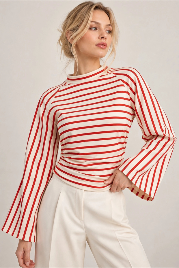 Women's ecru red striped blouse with ruched sides and spanish sleeves