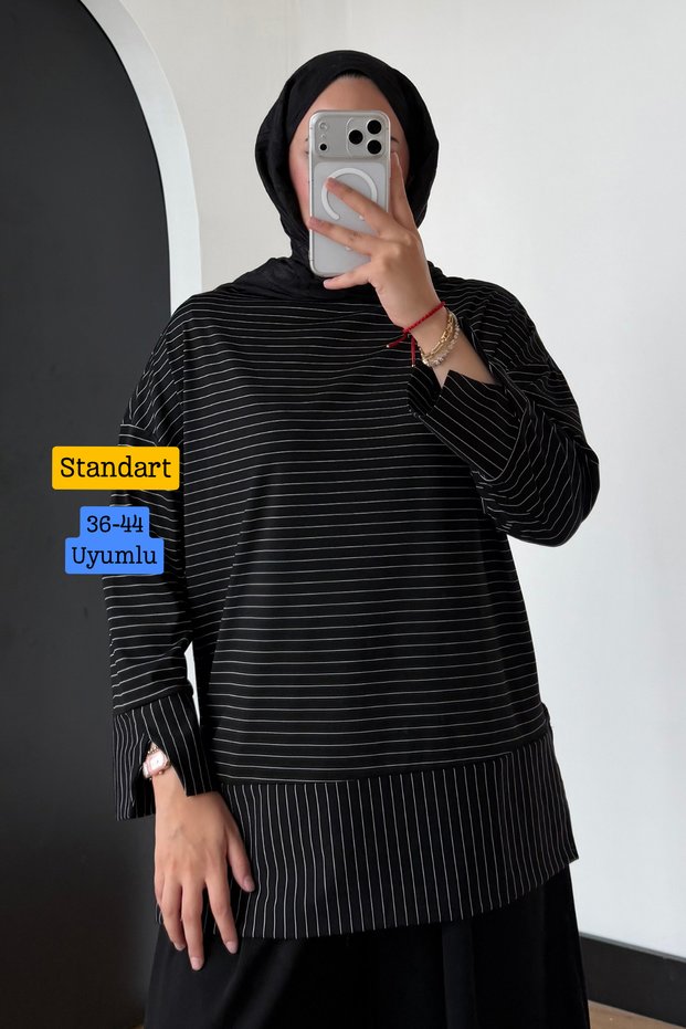 Women's Imported Lyocell Jersey Fabric Crew Neck Striped Tunic 3253 Black
