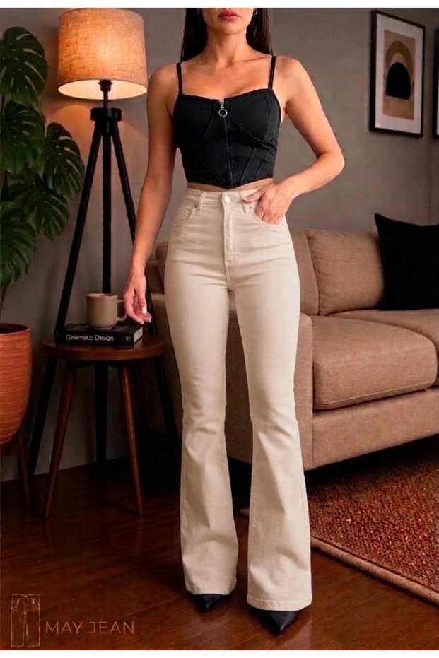 High Waist Spanish Flare Women's Jeans L Comfortable Fit L Denim L Colorfast Beige