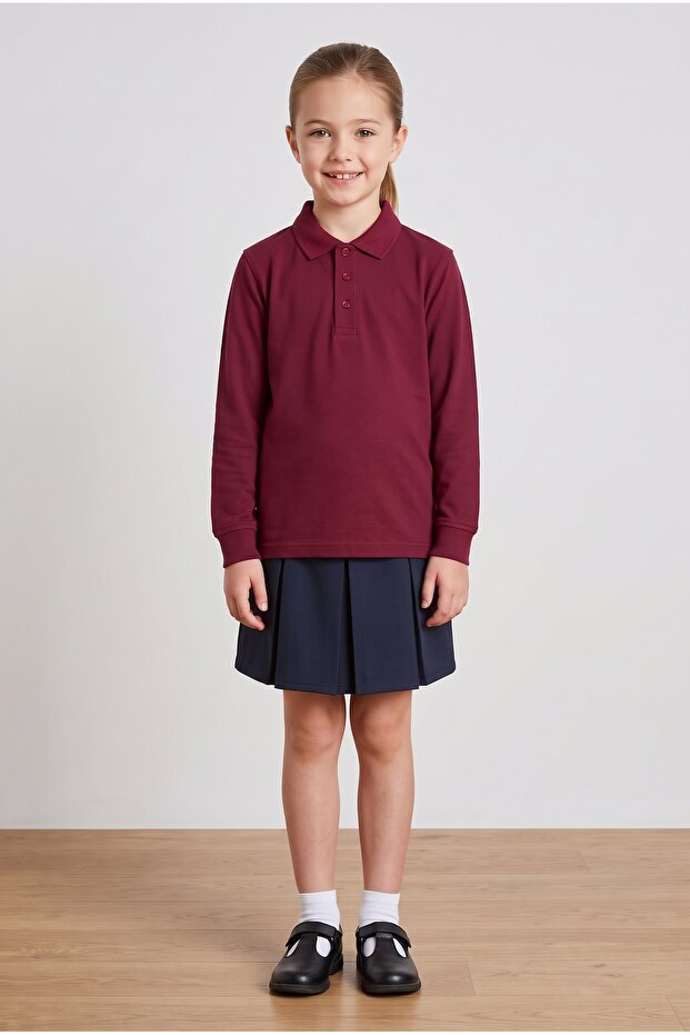 Girl's Polo Collar School T-Shirt Set Long Sleeve 100% Cotton Fabric