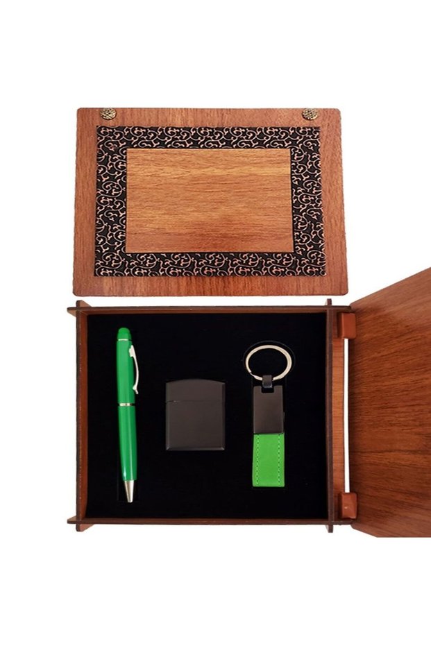 Green Pen Keychain and Lighter Set with Wooden Box