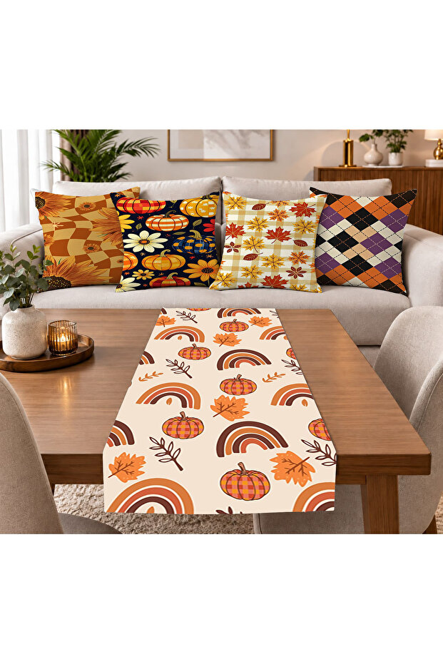 Halloween Theme Throw Pillow Cover and Runner Set 5 Pieces