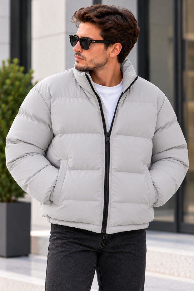 Men's Black Lined Slimfit Water and Windproof Stand Collar Puffer Jacket