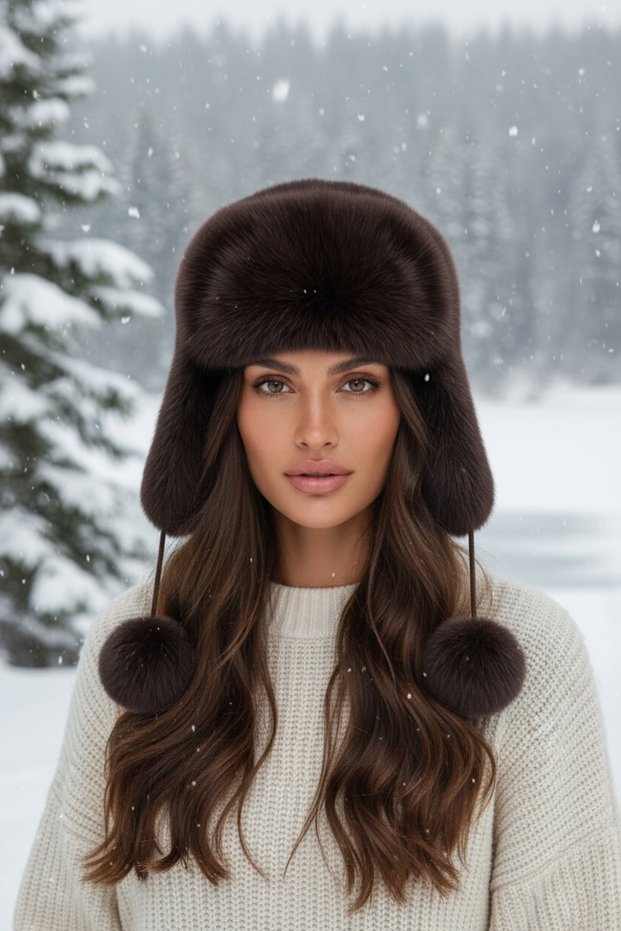 Women's Faux Fur Pompom Winter Pilot Hat with Earflaps