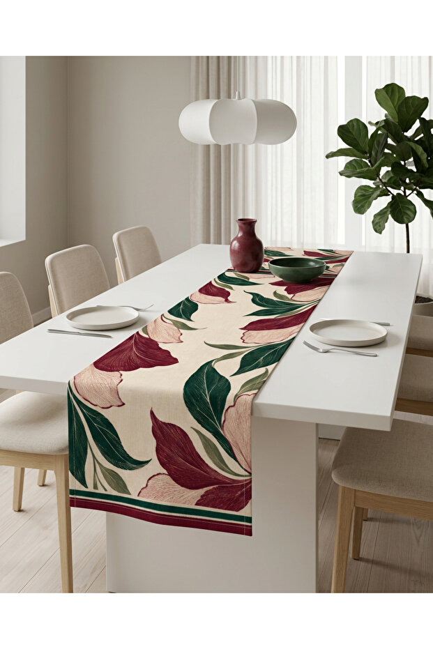 Ruby Digital Printed 1 Piece Embroidery-Looking Runner Fuchsia Green Colorful Floral Patterned Decorative Runner Tablecloth