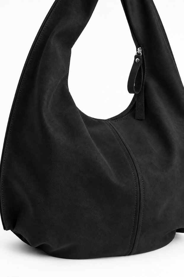 Women's Nilüfer Black Textured Suede Large Size Lined Hobo Shoulder Bag with Back Zipper Pocket