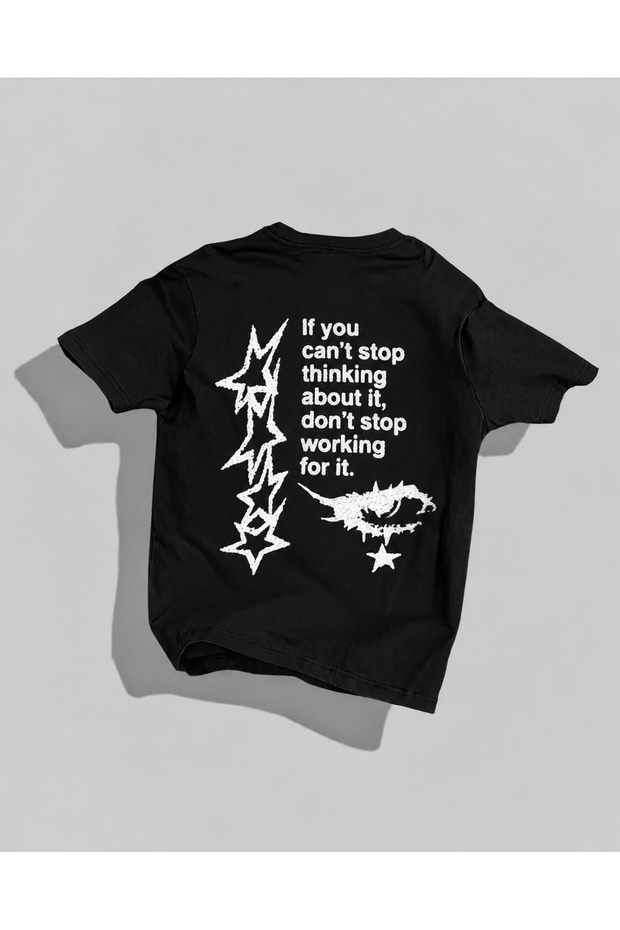 Star Motivational Printed Oversize Unisex T-Shirt Black White