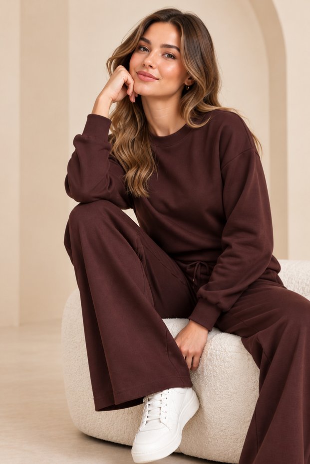 Women's Modal Dark Burgundy 2-Piece Tracksuit Set Wide-Leg Sweatshirt Pants Comfortable Fit