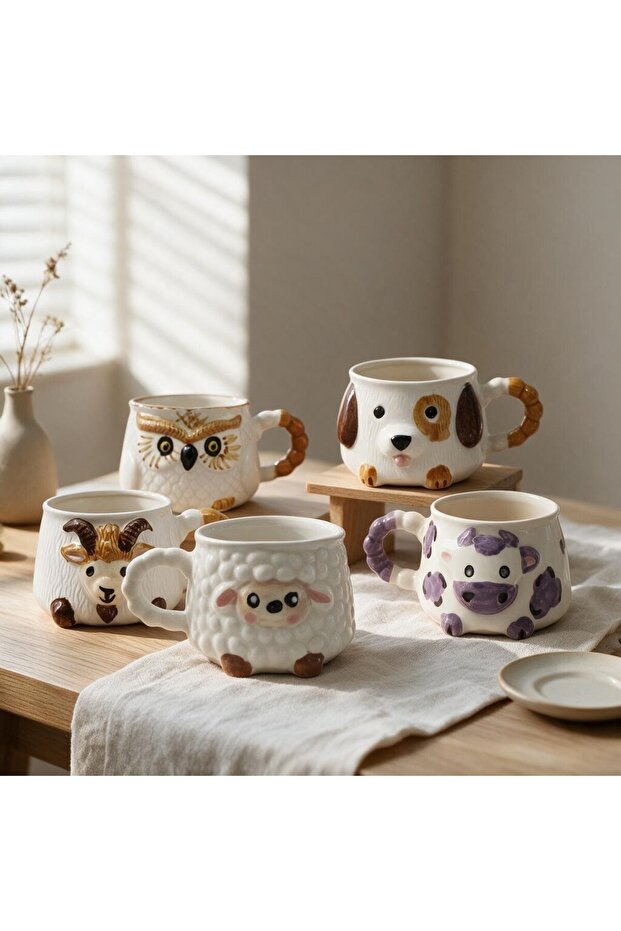 Cute Animals 5-Piece Ceramic Mug Set, 2D Relief Pattern, Hand-Crafted, 360 Degree Visual Design