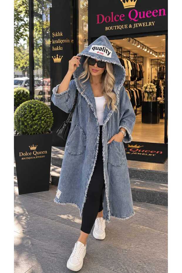 Women's Hooded Long Denim Trench Coat with Tassel Detail