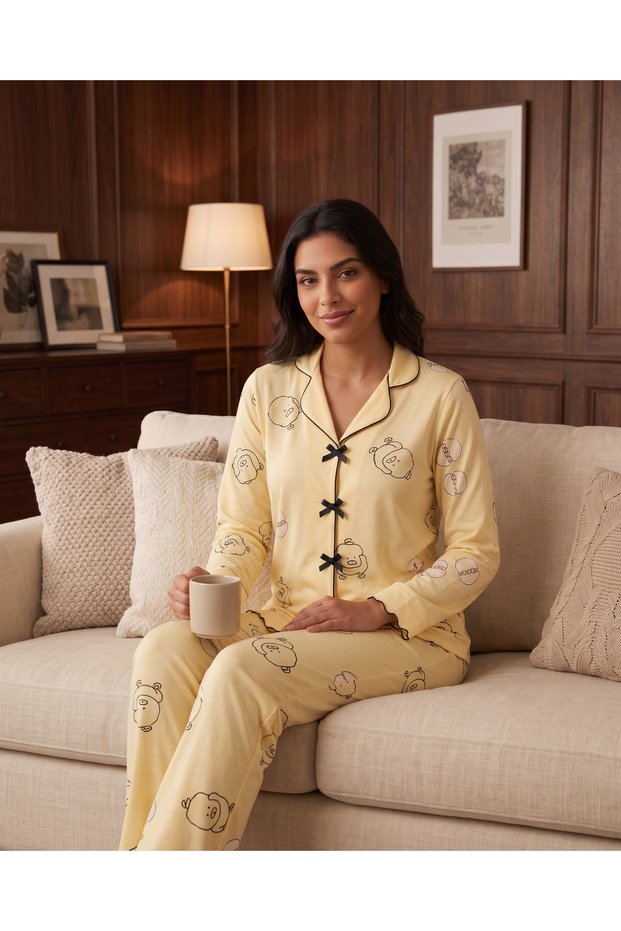 Women's Long Sleeve Shirt Collar Single Jersey Fabric Cotton Character Patterned Pajama Set - Yellow