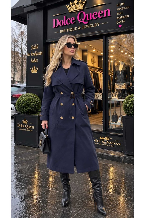 Women's Belted Double Button Long Trench Coat