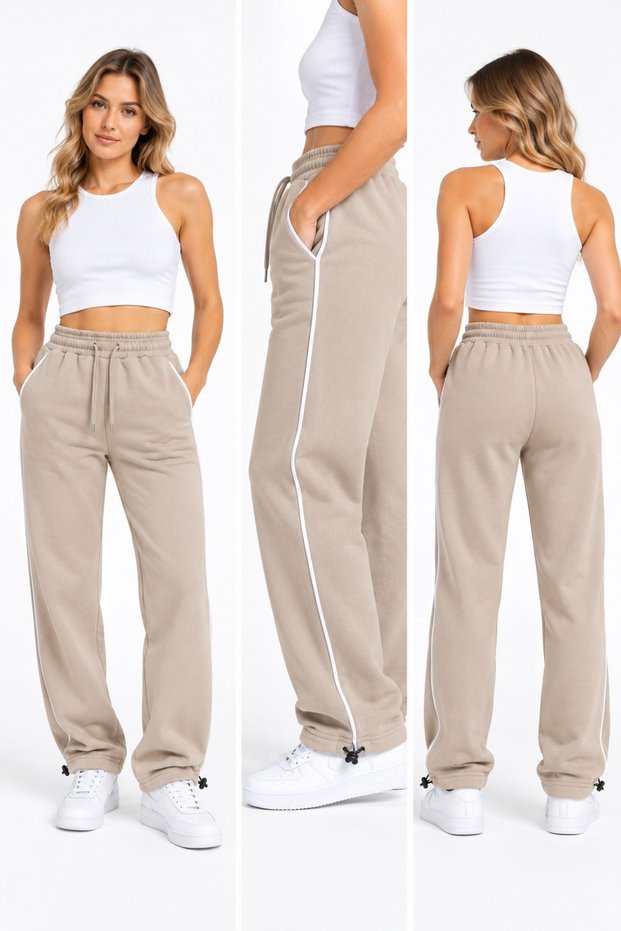 3-Thread Side Piping, Adjustable Cuffs, Baggy Winter Women's Sweatpants with Internal Ribbing, Smoked Gray Brown Black Stone