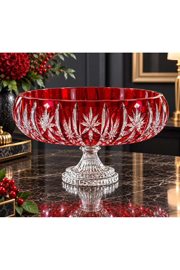 Lalezar Handmade Cut Crystal Glass Bowl with Foot 28 cm – Colorful Decorative Salad and Fruit Bowl