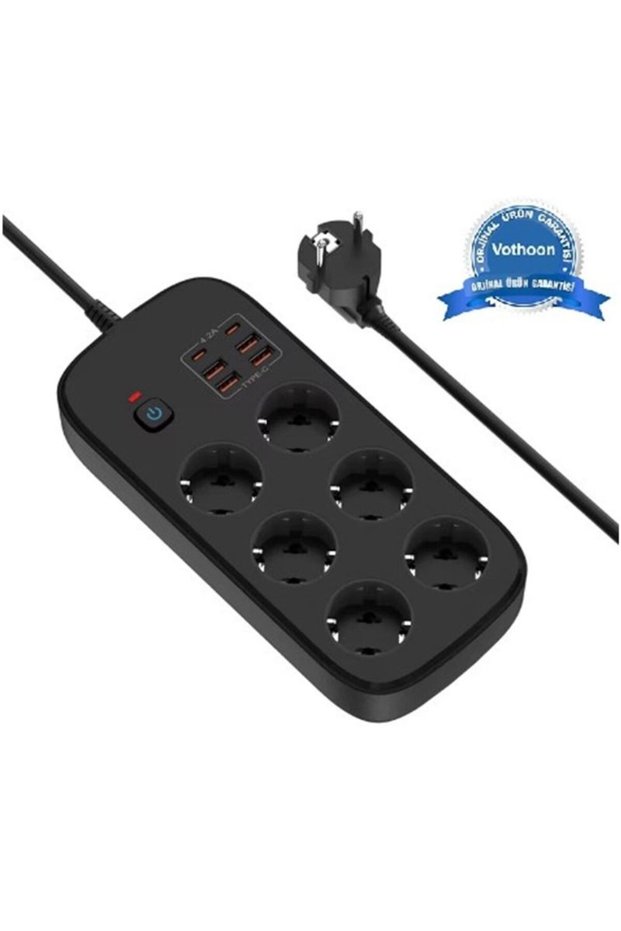 GLB-STL41414 مقبس كهربائي مزدوج مع حماية من التيار الحراري، 6 منافذ، 4 منافذ USB، 2 منافذ Type-C، مقبس كهربائي متعدد المنافذ (3500 واط) أسود
