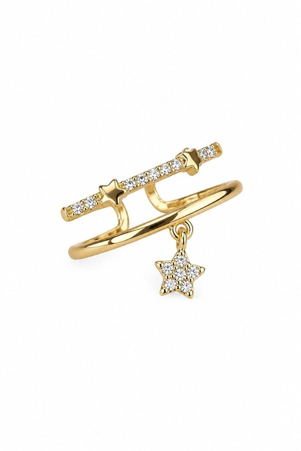 Gold Pinky Ring with Star Pendant and Stone