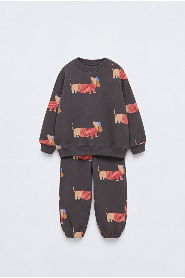 Children's Cotton Dog Patterned Anthracite Sweatshirt and Sweatpants Set