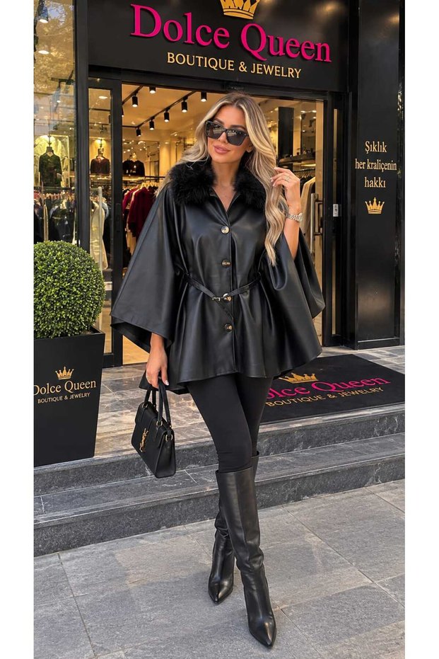 Women's Black Fur Collared Faux Leather Poncho
