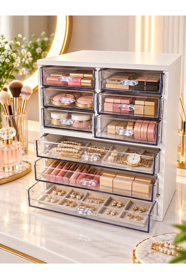 9 Drawer Wooden Makeup Organizer and Jewelry Organizer Desktop Cosmetic Storage Box