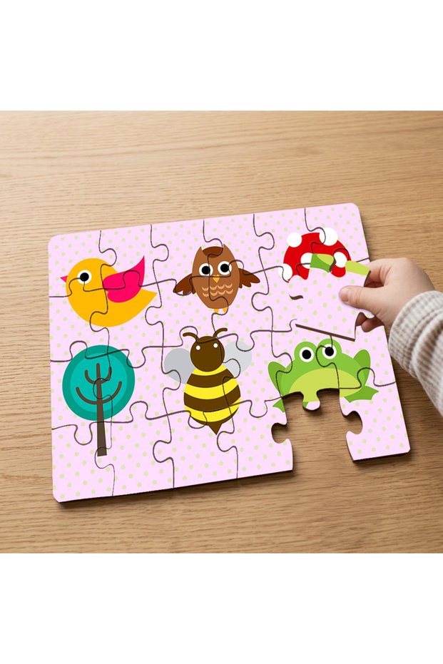 Bird - Frog - Mushroom Designed 24 Piece Wooden Children's Puzzle Mpk0030