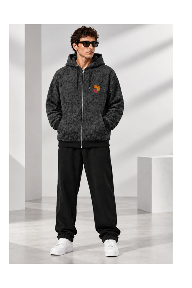 Men's Patterned Zippered Hooded Sweatshirt Jacket with Pockets, Comfortable Fit for Daily Wear