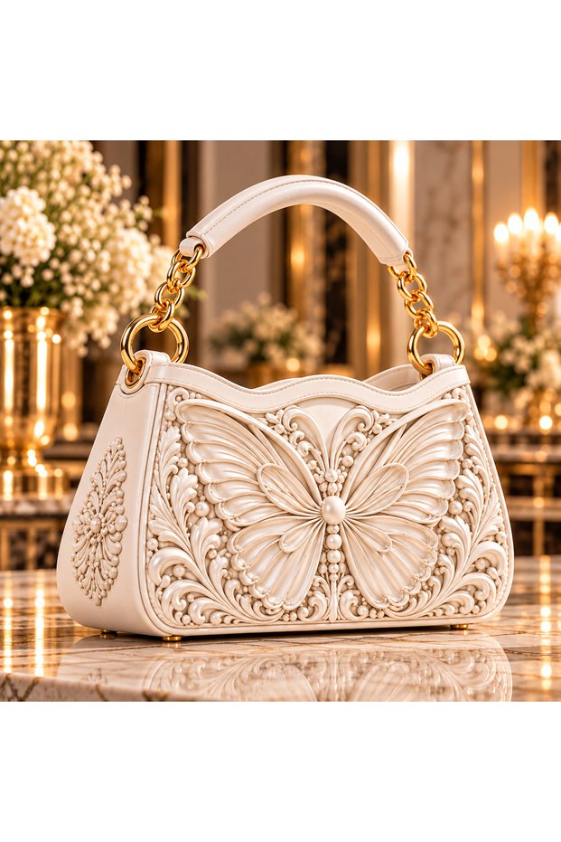 White Butterfly Embossed Floral Patterned Women's Hand and Shoulder Bag - Special Design