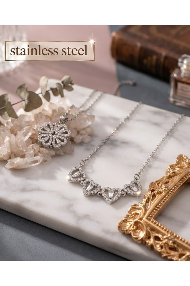 4-Piece Heart Model Steel Necklace with Silver Color Chain