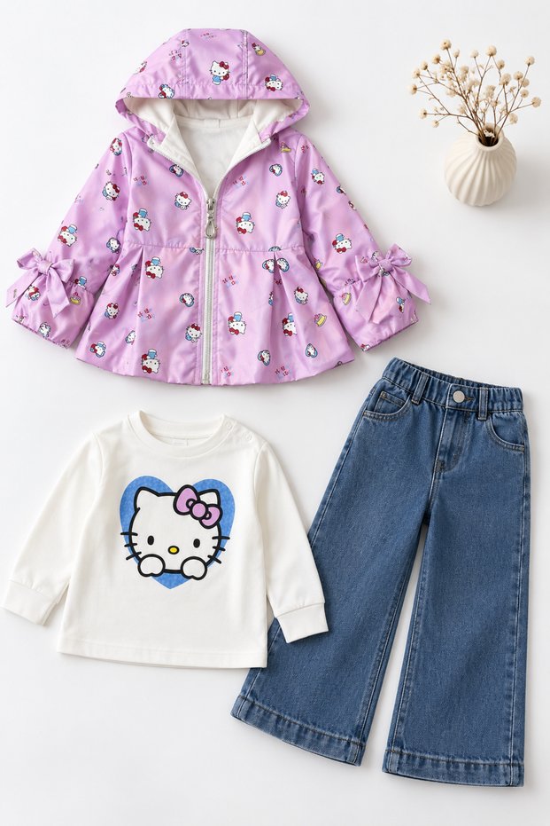 Girl's Lilas Cat Patterned Raincoat, Heart Figured Blouse and Denim Trousers Three-Piece Set