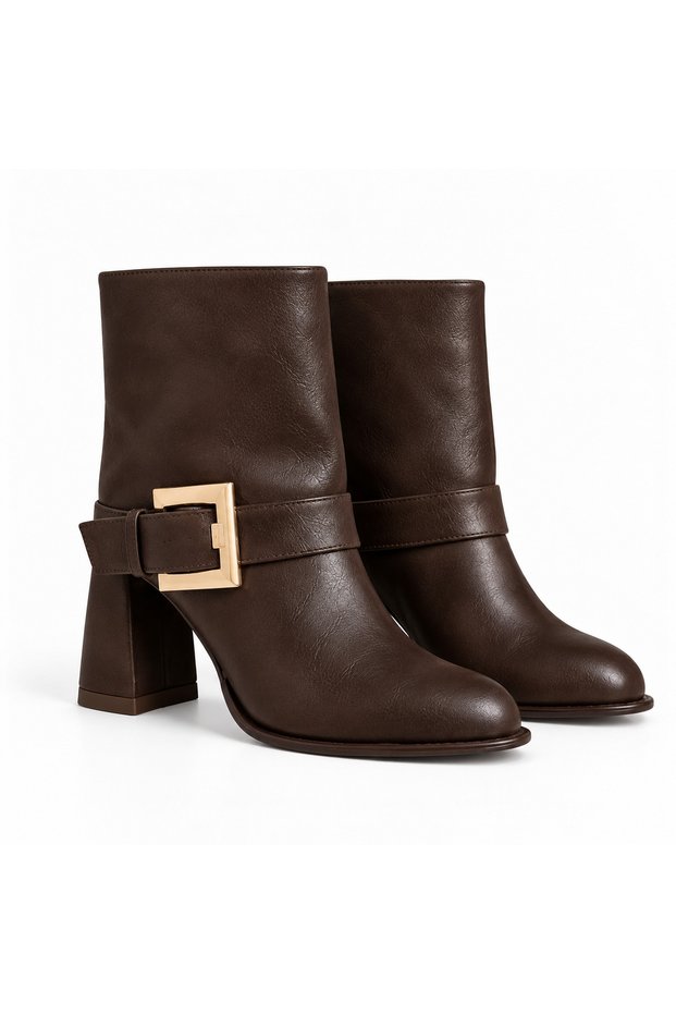Women's Casual Zipperless Pointed Toe Buckle Detailed Stylish Modern Thick Heel Brown Boots & Booties
