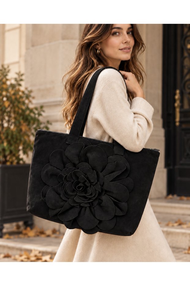 Aura Women's Suede Large Tote Bag 3D Floral Zippered Daily Shoulder Bag 43X30 cm