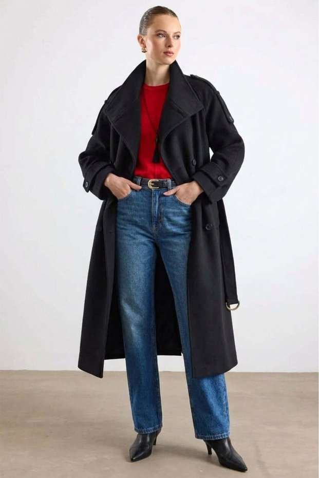 Oversized Coat with High Collar, Epaulettes and Cape Detail Black 3198