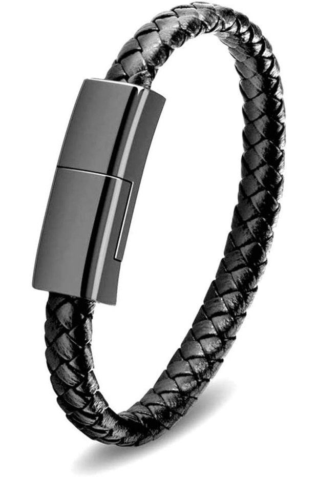Short iPhone Charging Cable 7.9in Portable Fashion Bracelet Charger Personality Punk Braided Leather Wrist Data Transfer Cord for iOS ipad