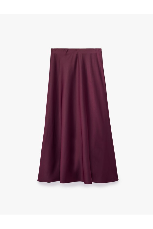 Normal Waist Straight Cut Plum Color Satin Midi Skirt