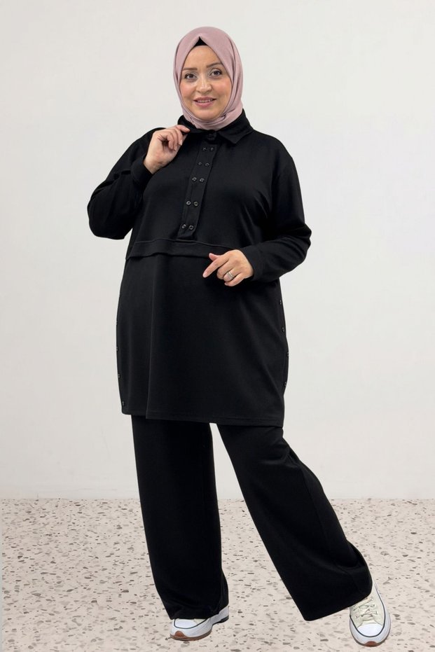 67079 Large Size Button Detailed Modal Trousers Suit - Black